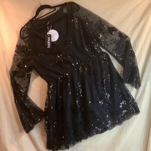 Boohoo Black Floral Sequin Skater Dress